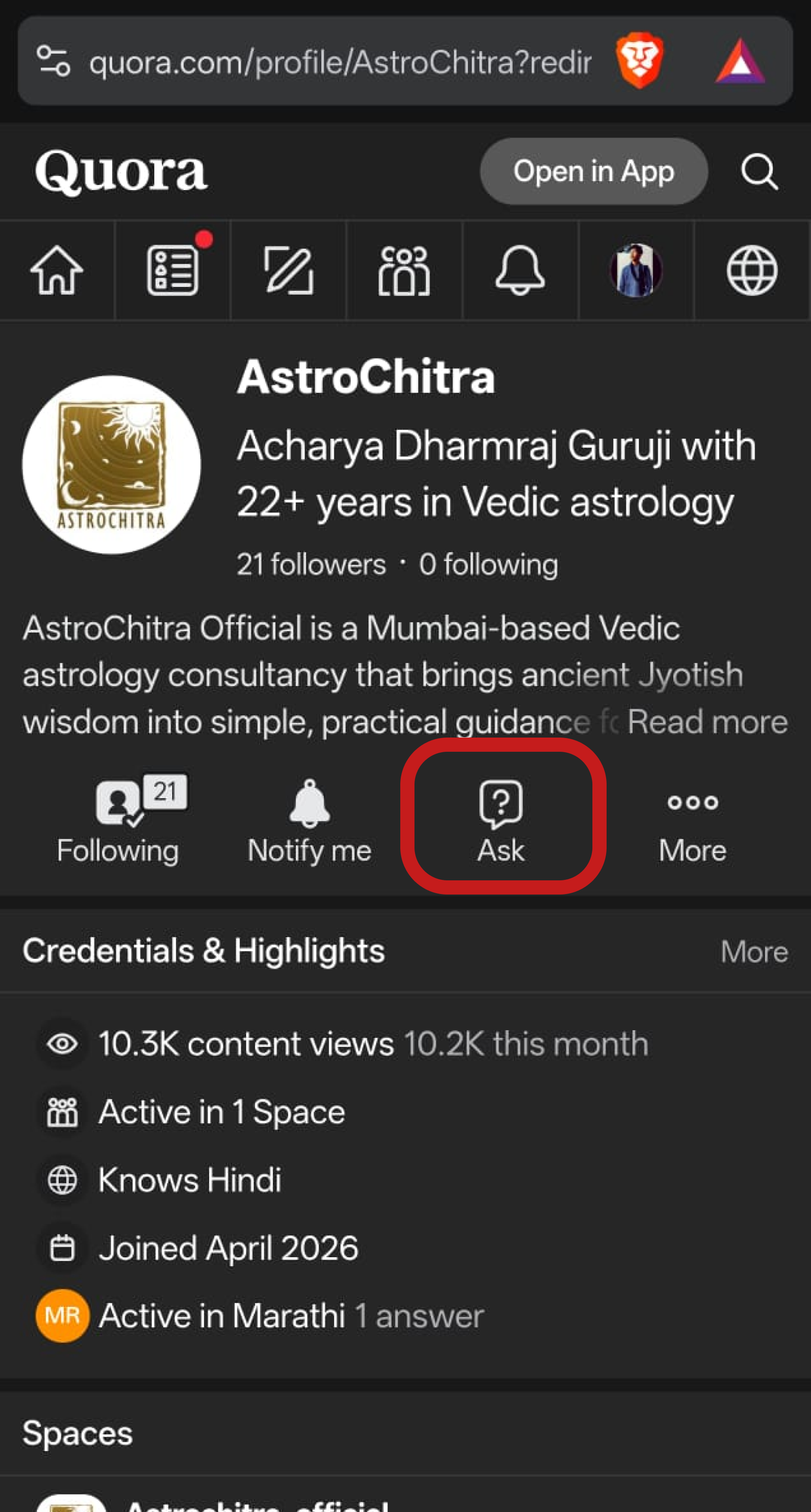 Tap Ask on AstroChitra profile